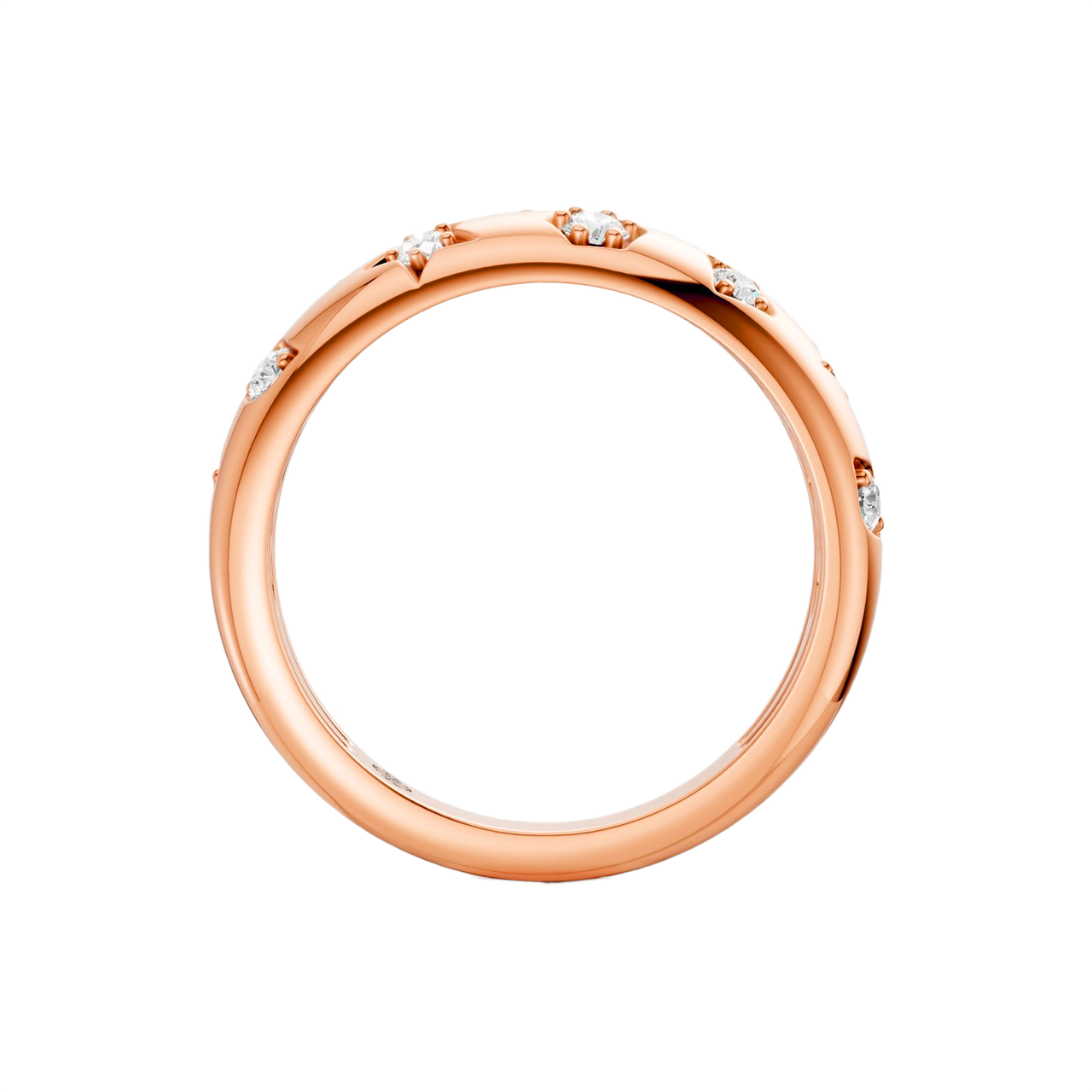 Interior back view of the Fourteenth Collection star studded diamond ring crafted in rose gold, showcasing a smooth polished interior band with diamond accents visible along the outer edge.