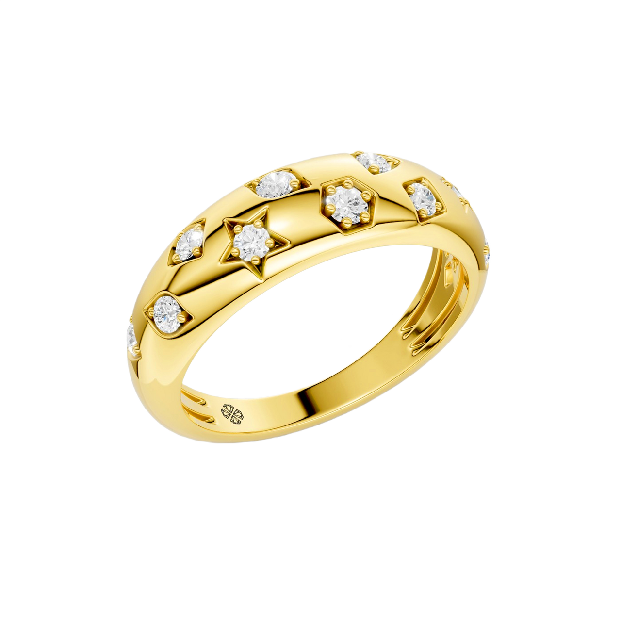 A thick, high-polish 14k yellow gold wide statement band from the Amorati Fourteen Collection, featuring scattered star insets and shimmering round lab-grown diamonds.