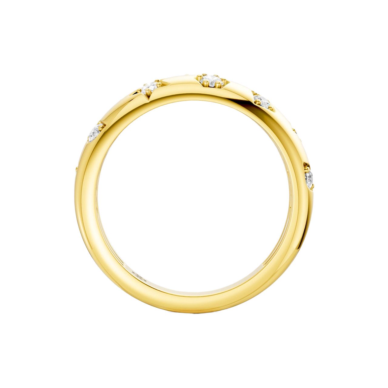 A thick, high-polish 14k yellow gold wide statement band from the Amorati Fourteen Collection, featuring scattered star insets and shimmering round lab-grown diamonds.