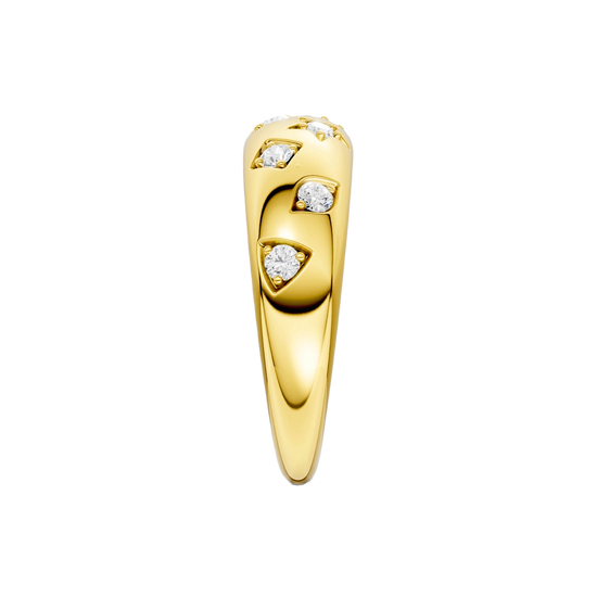 A thick, high-polish 14k yellow gold wide statement band from the Amorati Fourteen Collection, featuring scattered star insets and shimmering round lab-grown diamonds.