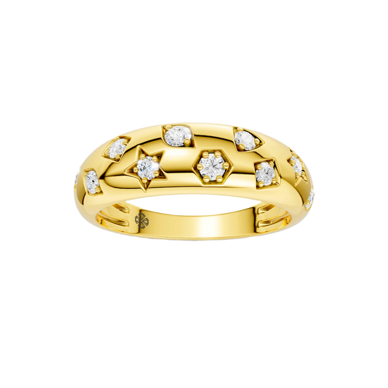 A thick, high-polish 14k yellow gold wide statement band from the Amorati Fourteen Collection, featuring scattered star insets and shimmering round lab-grown diamonds.