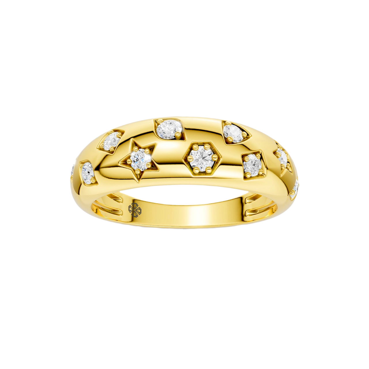 A thick, high-polish 14k yellow gold wide statement band from the Amorati Fourteen Collection, featuring scattered star insets and shimmering round lab-grown diamonds.