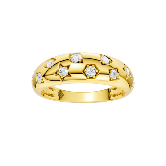A thick, high-polish 14k yellow gold wide statement band from the Amorati Fourteen Collection, featuring scattered star insets and shimmering round lab-grown diamonds.