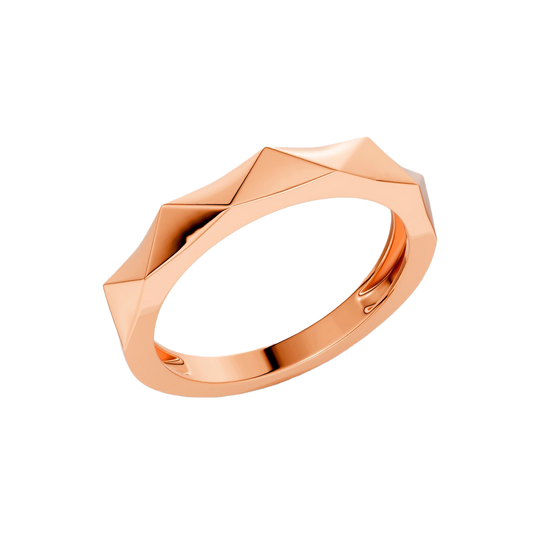 A high-polish 14k rose gold geometric stackable ring by Amorati, featuring a unique multi-angled design. Amorati’s signature F O U R T E E N T H Collection