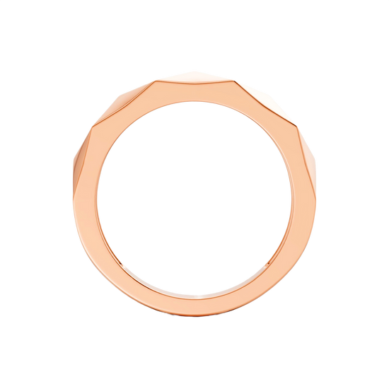 A high-polish 14k rose gold geometric stackable ring by Amorati, featuring a unique multi-angled design. Amorati’s signature F O U R T E E N T H Collection
