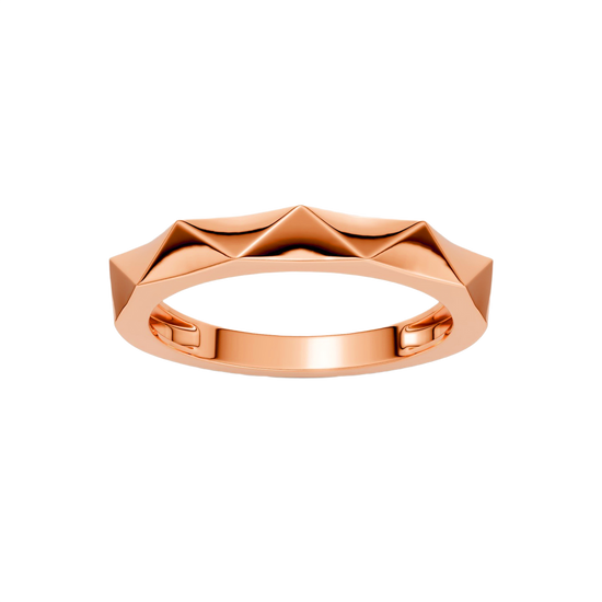 A high-polish 14k rose gold geometric stackable ring by Amorati, featuring a unique multi-angled design. Amorati’s signature F O U R T E E N T H Collection