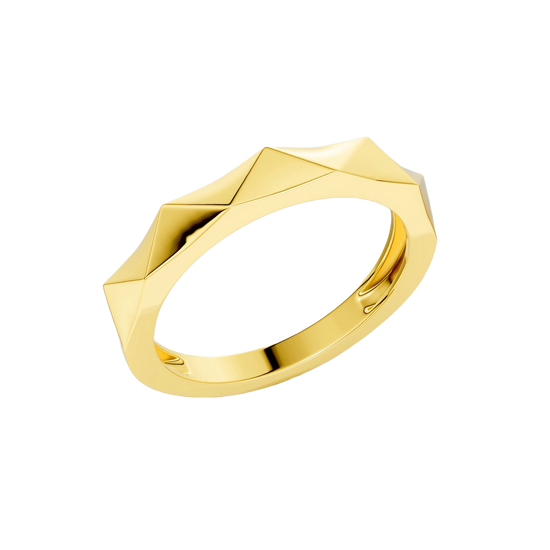 A high-polish 14k yellow gold geometric stackable ring by Amorati, featuring a unique multi-angled design. Amorati’s signature F O U R T E E N T H Collection