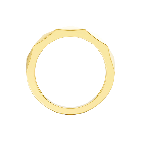 A high-polish 14k yellow gold geometric stackable ring by Amorati, featuring a unique multi-angled design. Amorati’s signature F O U R T E E N T H Collection