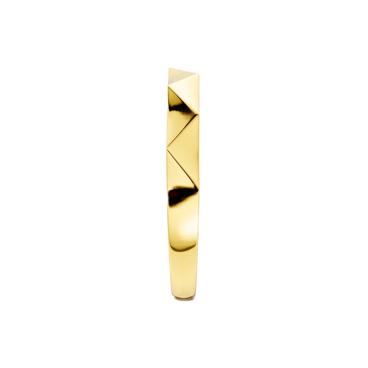 A high-polish 14k yellow gold geometric stackable ring by Amorati, featuring a unique multi-angled design. Amorati’s signature F O U R T E E N T H Collection