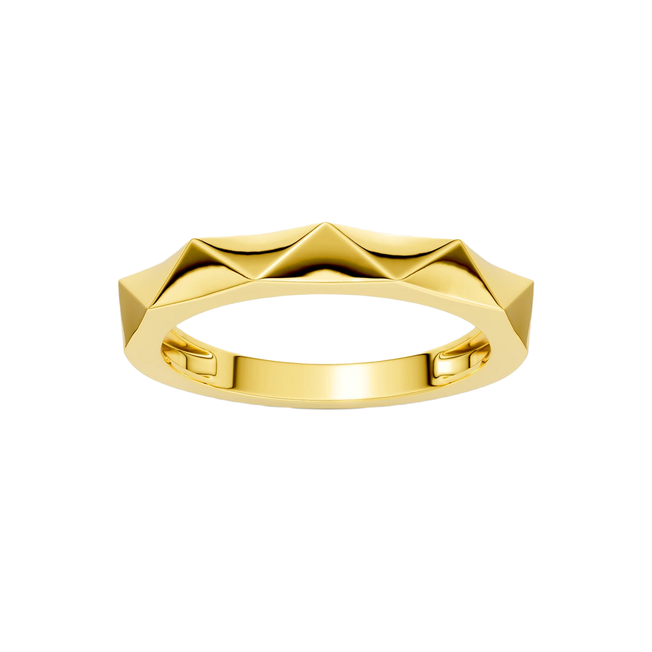 A high-polish 14k yellow gold geometric stackable ring by Amorati, featuring a unique multi-angled design. Amorati’s signature F O U R T E E N T H Collection