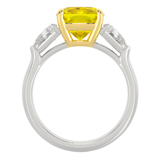Side profile of the 4.16 cttw Soleil Cushion Canary Trilogy Diamond Engagement Ring showing the 14K White Gold setting and the precision-cut .66 cttw Trillion diamond side stones with a Cushion Cut Canary Yellow VS+ lab grown massive 3.5 ct diamond center stone that is IGI Certified and ships insured for free.