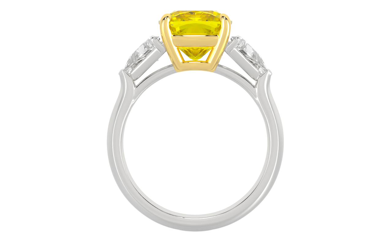 Side profile of the 4.16 cttw Soleil Cushion Canary Trilogy Diamond Engagement Ring showing the 14K White Gold setting and the precision-cut .66 cttw Trillion diamond side stones with a Cushion Cut Canary Yellow VS+ lab grown massive 3.5 ct diamond center stone that is IGI Certified and ships insured for free.