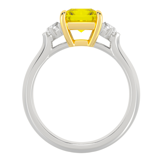 Side view of the Solid 14K Gold Three-Stone Trilogy setting, highlighting the secure basket for the IGI Certified 2.50ct Radiant and 0.33ct Trillion side stones with Insured Free Shipping.