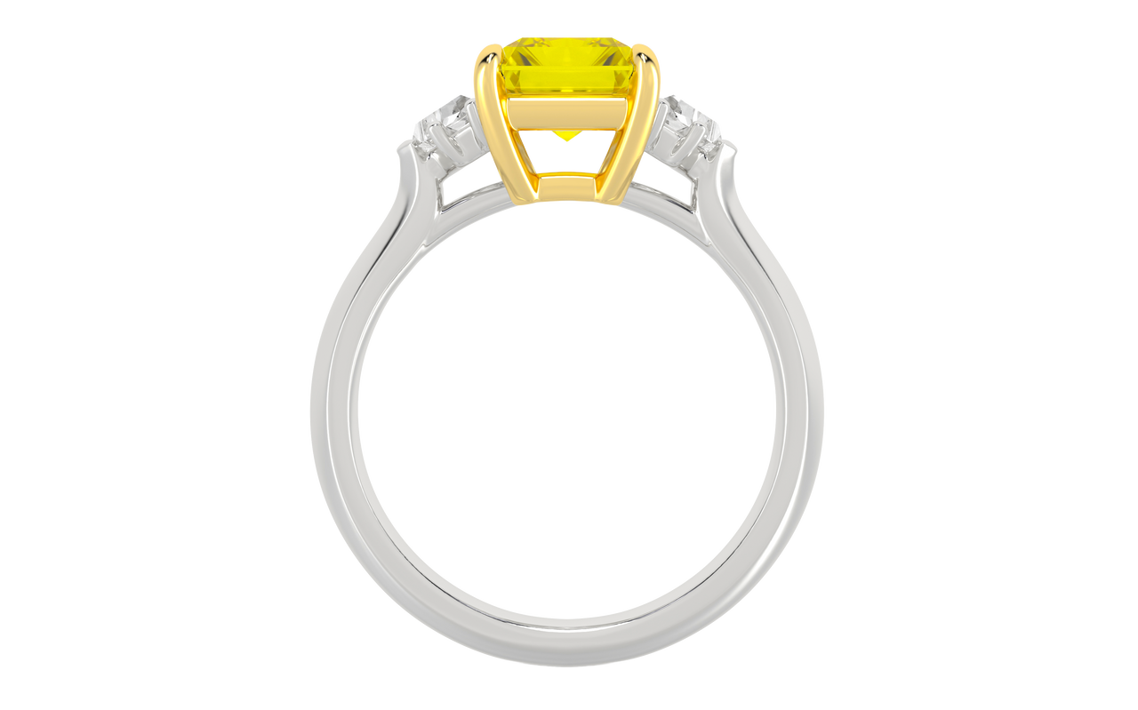 Side view of the Solid 14K Gold Three-Stone Trilogy setting, highlighting the secure basket for the IGI Certified 2.50ct Radiant and 0.33ct Trillion side stones with Insured Free Shipping.