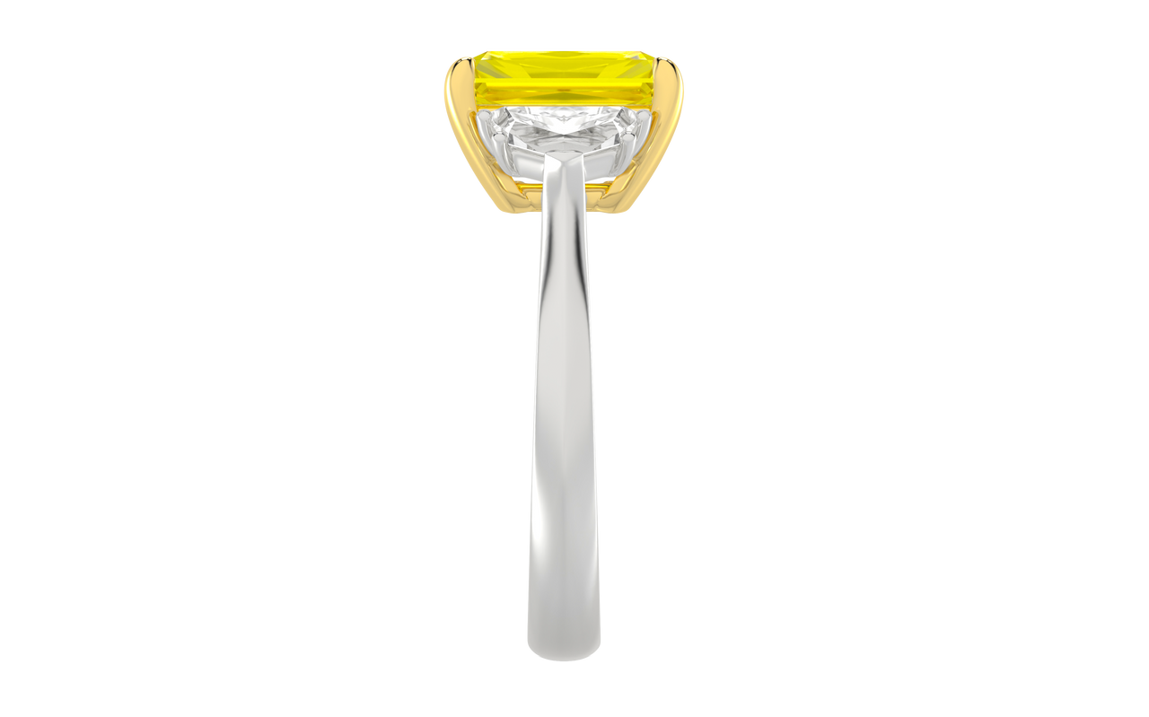Architectural side view of the Radiant-Cut Three-Stone Trilogy setting in Solid 14K Gold. Showcases the IGI Certified 2.50ct Vivid center and precision-set E-F VS+ Trillion accents with Insured Free Shipping.