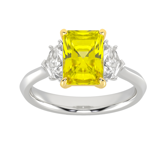 IGI Certified 2.50 Carat Vivid Canary Radiant-Cut Center in a Three-Stone Trilogy Setting with two 0.33ct Trillion-Cut E-F VS+ side diamonds. Solid 14K Gold Amorati Soleil Ring with Insured Free Shipping.