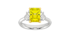 IGI Certified 2.50 Carat Vivid Canary Radiant-Cut Center in a Three-Stone Trilogy Setting with two 0.33ct Trillion-Cut E-F VS+ side diamonds. Solid 14K Gold Amorati Soleil Ring with Insured Free Shipping.