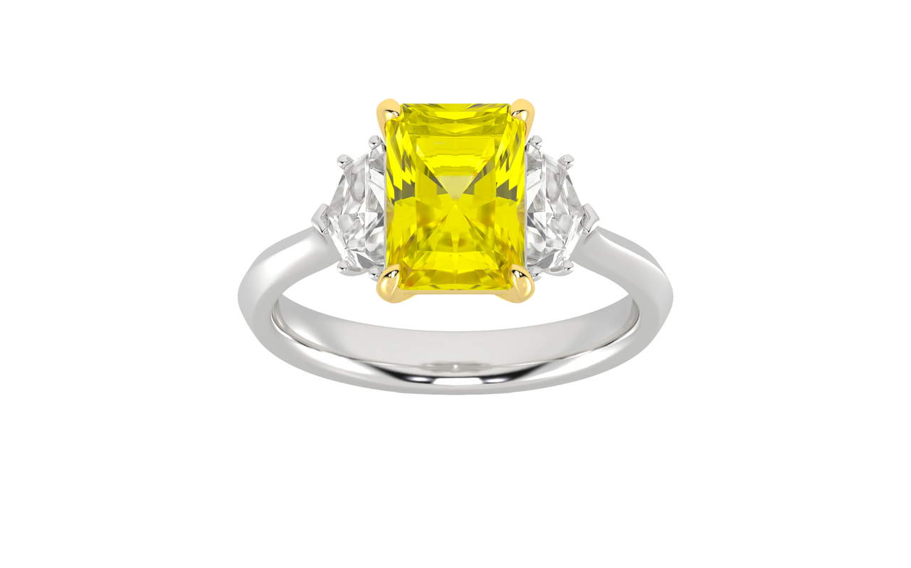 IGI Certified 2.50 Carat Vivid Canary Radiant-Cut Center in a Three-Stone Trilogy Setting with two 0.33ct Trillion-Cut E-F VS+ side diamonds. Solid 14K Gold Amorati Soleil Ring with Insured Free Shipping.