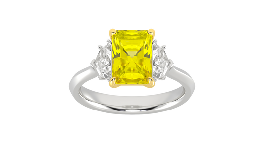 IGI Certified 2.50 Carat Vivid Canary Radiant-Cut Center in a Three-Stone Trilogy Setting with two 0.33ct Trillion-Cut E-F VS+ side diamonds. Solid 14K Gold Amorati Soleil Ring with Insured Free Shipping.