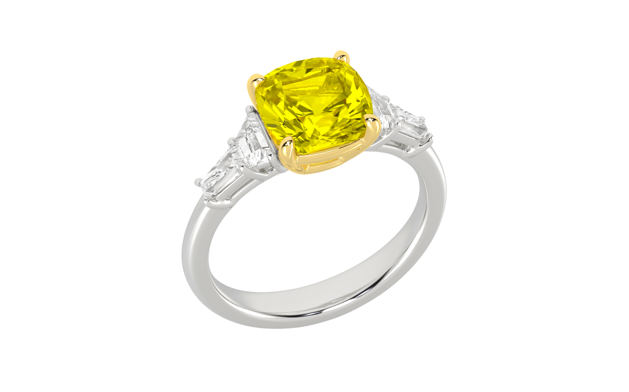 Angled view of a white gold ring featuring a yellow diamond center with white diamond accents and a polished band.