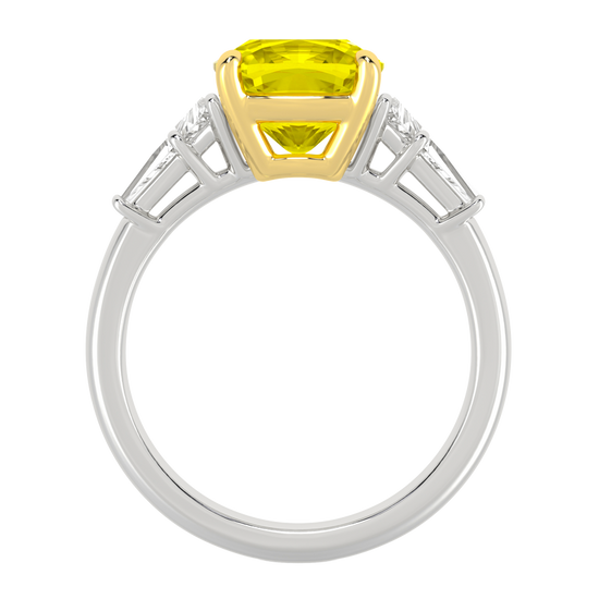 Front view of a white gold ring featuring a yellow diamond center with white diamond side stones in a polished setting.