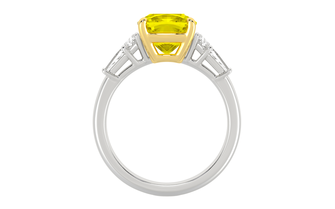 Front view of a white gold ring featuring a yellow diamond center with white diamond side stones in a polished setting.