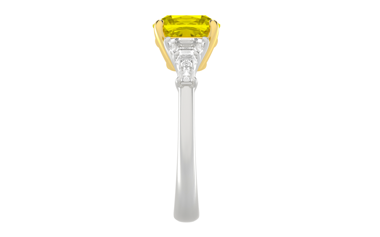 Side view of a white gold ring highlighting the elevated yellow diamond center and structured white diamond side stones.