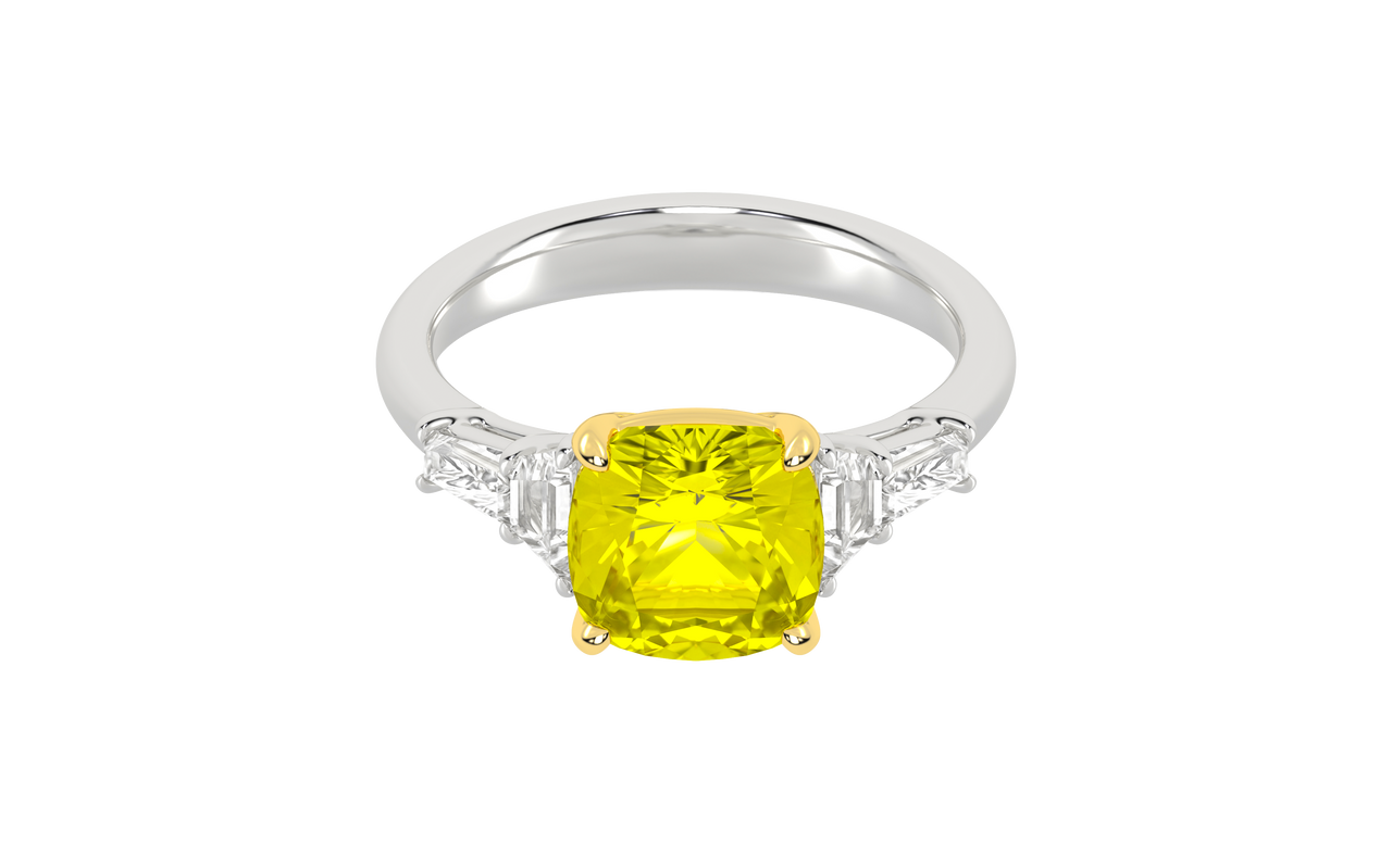 Top view of a white gold ring showcasing a yellow diamond center framed by white diamond side stones.