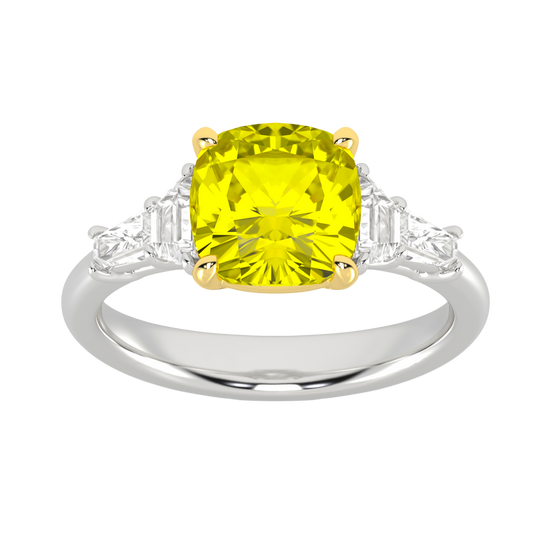 Top view of a white gold ring showcasing a yellow diamond center framed by white diamond side stones.