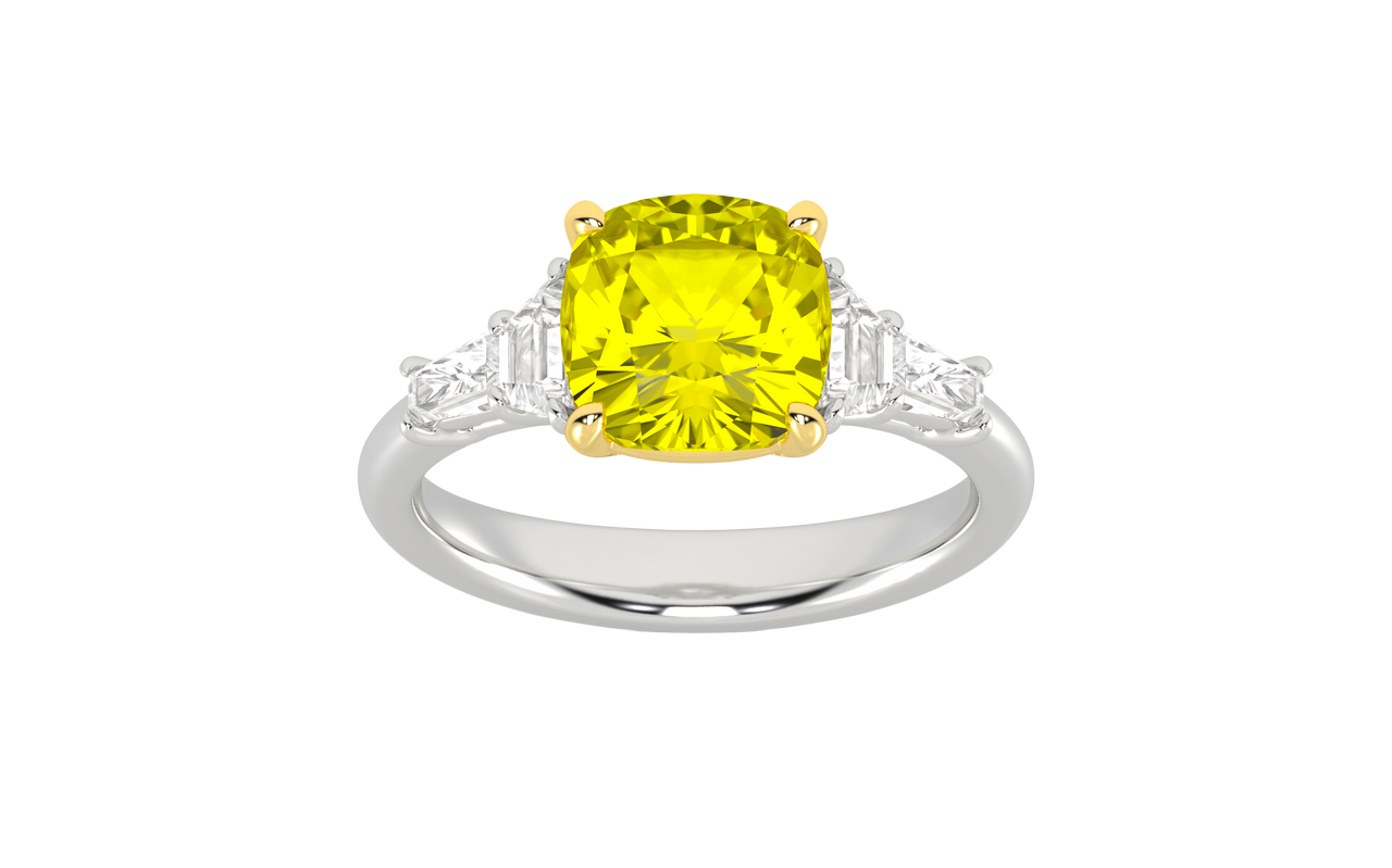 Top view of a white gold ring showcasing a yellow diamond center framed by white diamond side stones.