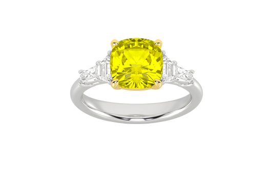 Top view of a white gold ring showcasing a yellow diamond center framed by white diamond side stones.