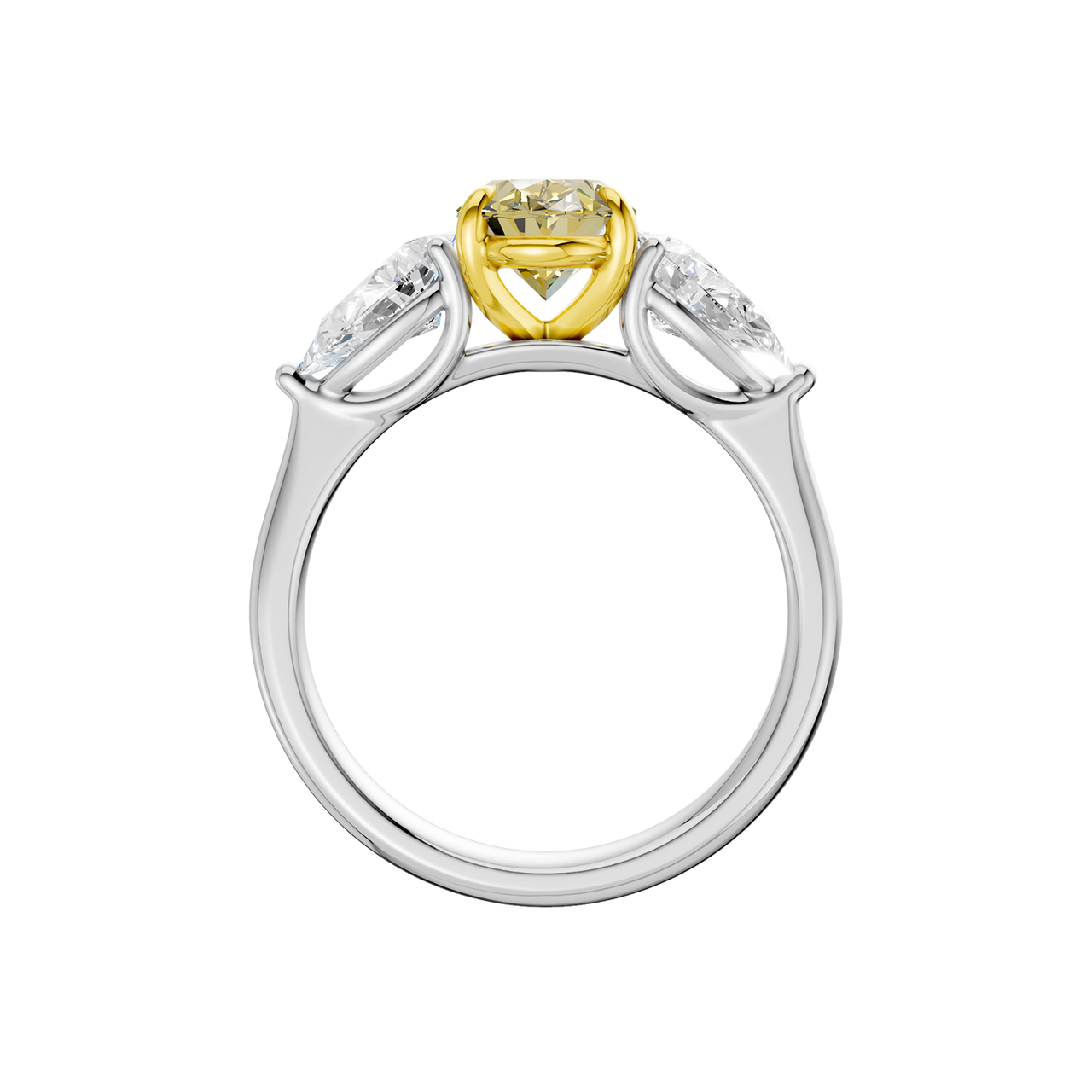 Front view of a white gold three-stone ring featuring a yellow diamond center flanked by pear-shaped white diamond side stones.