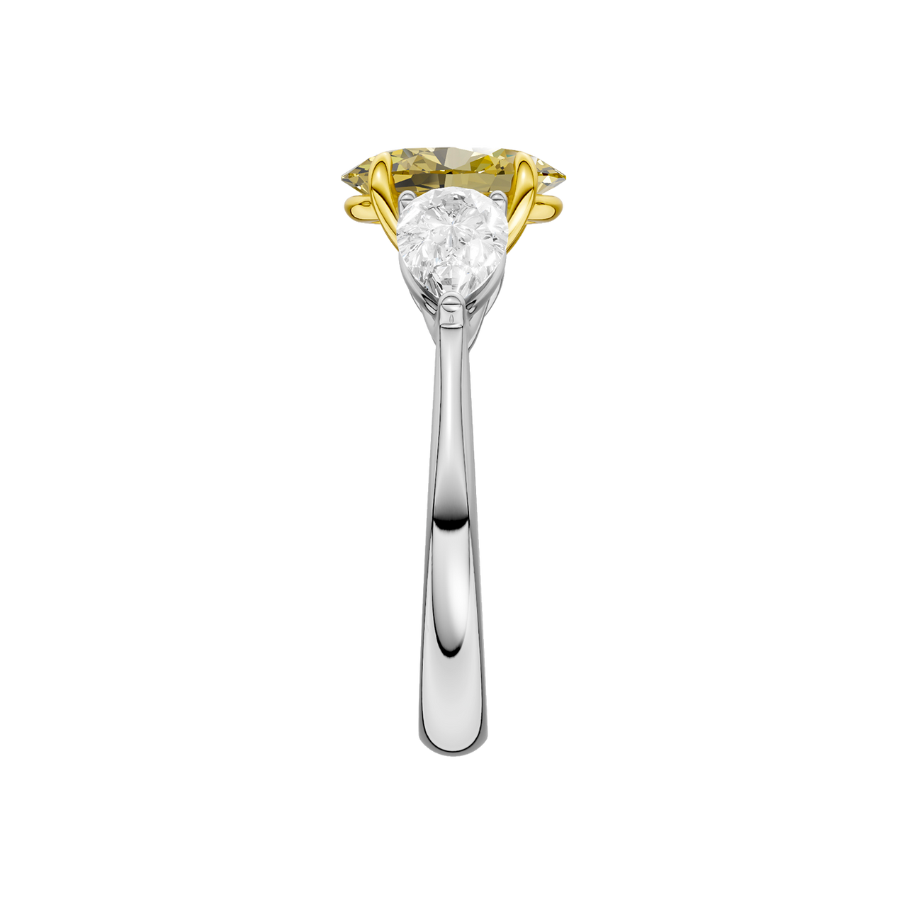 Side view of a white gold three-stone ring highlighting the elevated yellow diamond center and tapered pear-shaped white diamond accents.