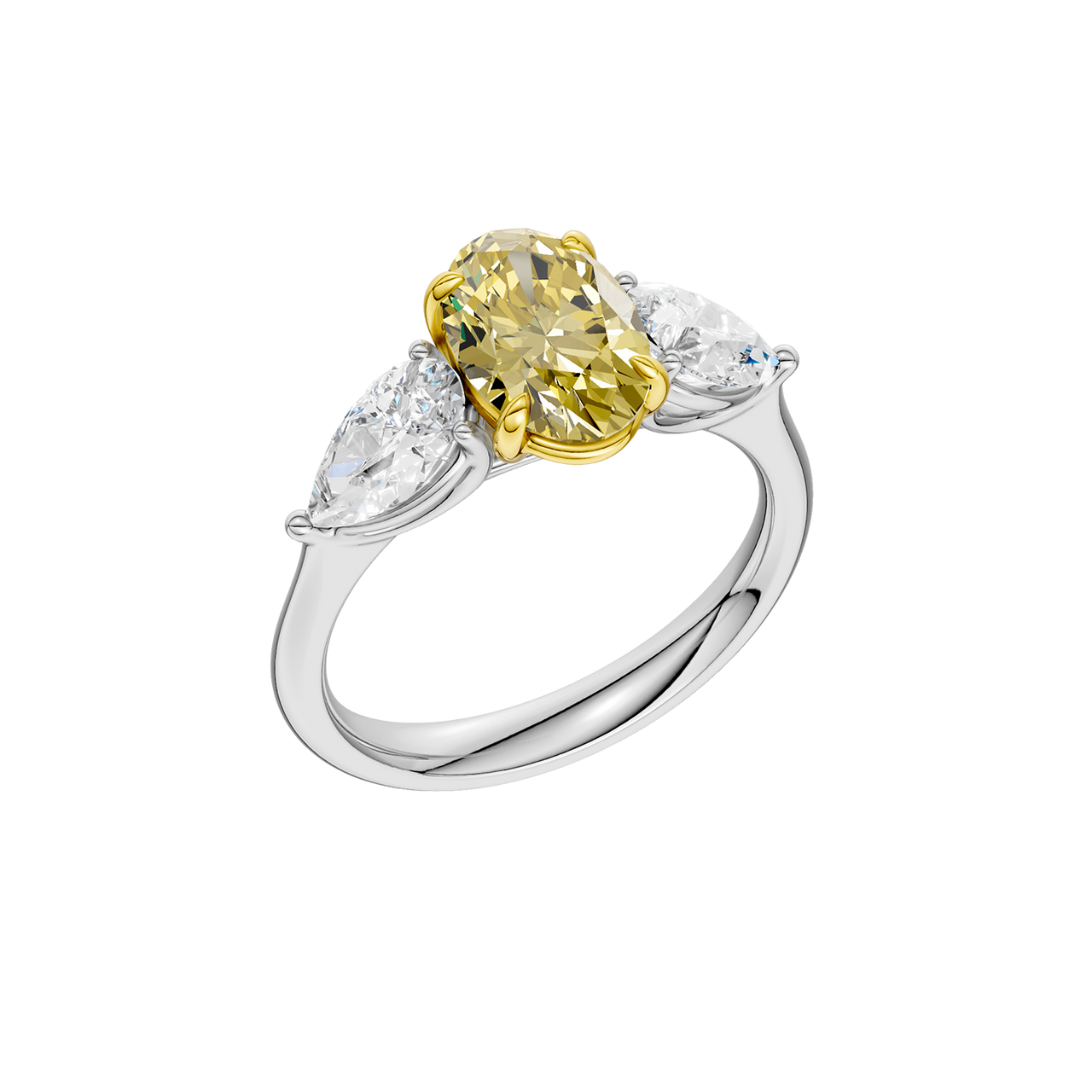 Angled view of a white gold three-stone ring featuring a yellow diamond center and pear-shaped white diamonds with a polished finish.