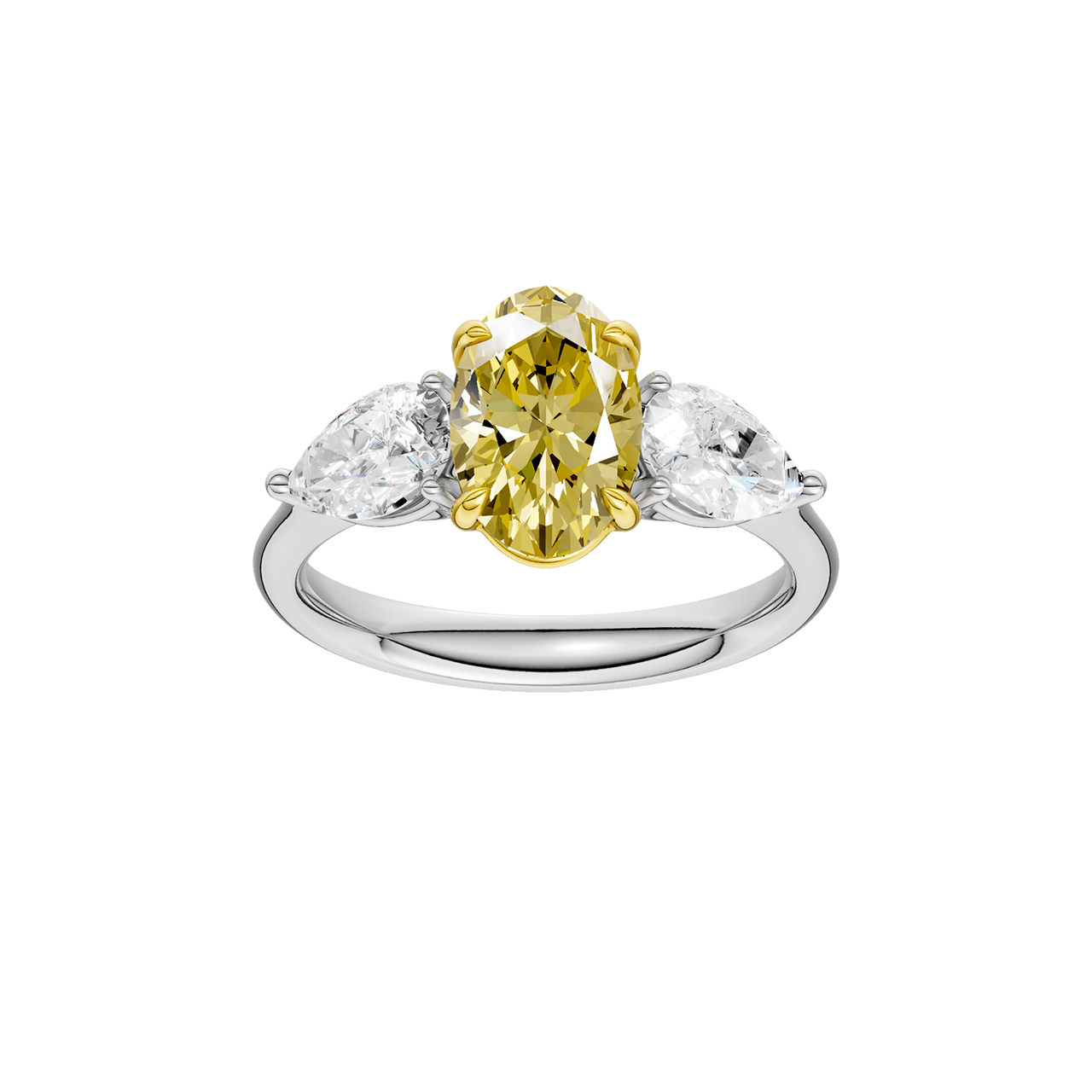 Top view of a white gold three-stone ring showcasing a yellow diamond center with pear-shaped white diamonds on each side.