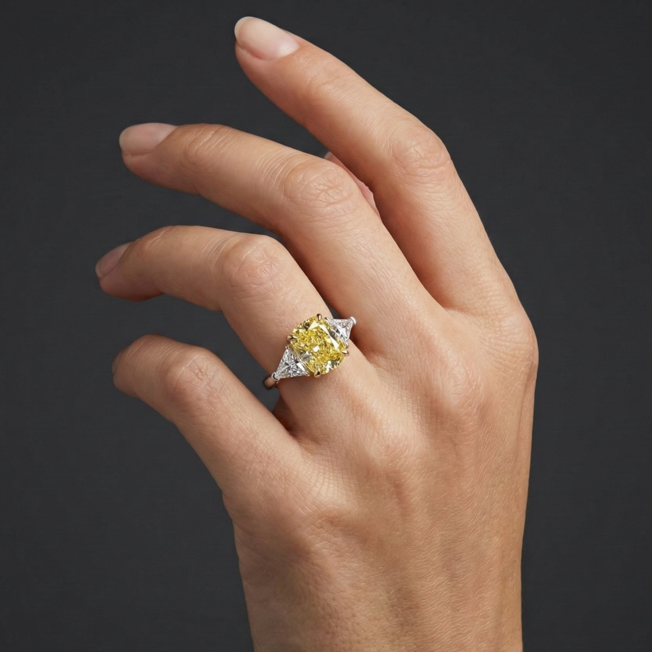 Lifestyle angled view of 4.66 Cttw Soleil Elongated Cushion Canary Yellow & White Trilogy Engagement Ring with IGI Certified 4.0ct  VS+ Vivid center lab grown diamond and .66 cttw of VS+ E-F diamond triangle side stones.