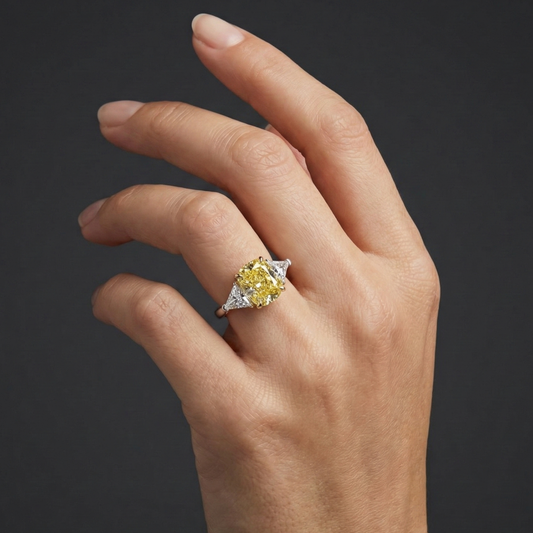 Lifestyle angled view of 4.66 Cttw Soleil Elongated Cushion Canary Yellow & White Trilogy Engagement Ring with IGI Certified 4.0ct  VS+ Vivid center lab grown diamond and .66 cttw of VS+ E-F diamond triangle side stones.