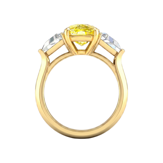 Close-up of the side view of the masterfully crafted 4.0ct IGI Certified VS+ Vivid Canary Yellow center lab grown diamond, highlighting the crushed-ice brilliance and VS+ clarity of both the center stone and the 0.66 cttw VS+ E-F side stones set in a pure 14 KT yellow gold setting that will hold these stones for a legacy heirloom piece.