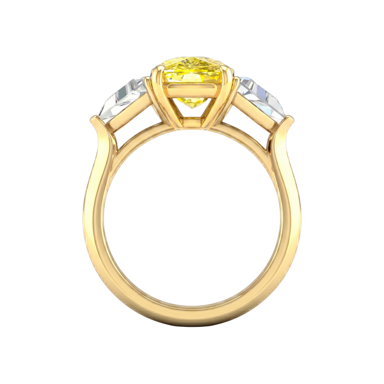 Close-up of the side view of the masterfully crafted 4.0ct IGI Certified VS+ Vivid Canary Yellow center lab grown diamond, highlighting the crushed-ice brilliance and VS+ clarity of both the center stone and the 0.66 cttw VS+ E-F side stones set in a pure 14 KT yellow gold setting that will hold these stones for a legacy heirloom piece.