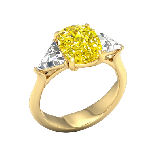 Angled view of a IGI Certified 4.0ct  VS+ Vivid Canary Yellow lab grown diamond center and .66 cttw of VS+ E-F diamond triangle side stones full yellow gold setting.