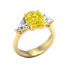 Angled view of a IGI Certified 4.0ct  VS+ Vivid Canary Yellow lab grown diamond center and .66 cttw of VS+ E-F diamond triangle side stones full yellow gold setting.