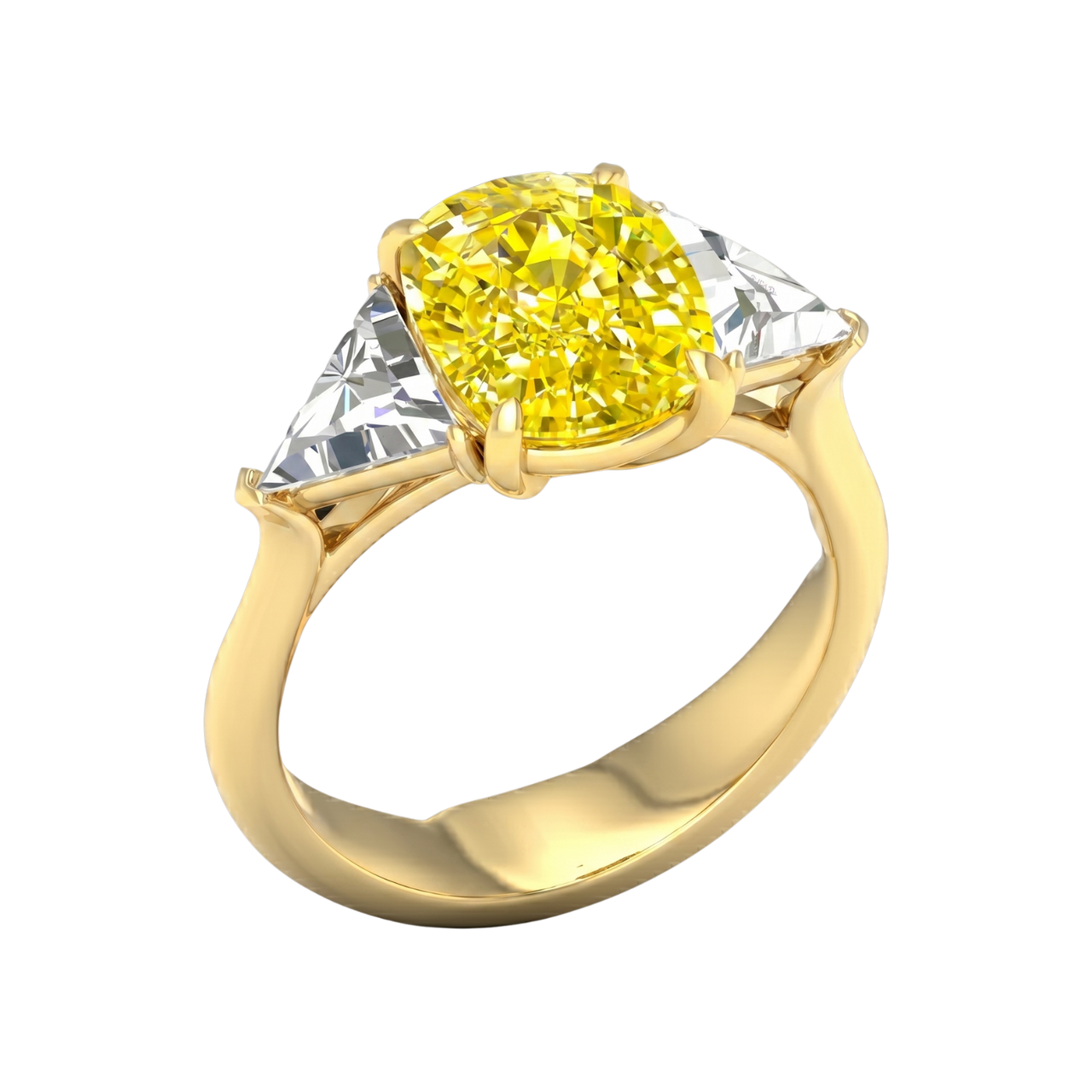 Angled view of a IGI Certified 4.0ct  VS+ Vivid Canary Yellow lab grown diamond center and .66 cttw of VS+ E-F diamond triangle side stones full yellow gold setting.