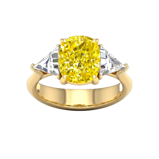 Top view of IGI Certified 4.0ct  VS+ Vivid Canary Yellow center lab grown diamond and .66 cttw of VS+ E-F diamond triangle side stones in a full yellow gold setting.