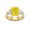 Top view of IGI Certified 4.0ct  VS+ Vivid Canary Yellow center lab grown diamond and .66 cttw of VS+ E-F diamond triangle side stones in a full yellow gold setting.