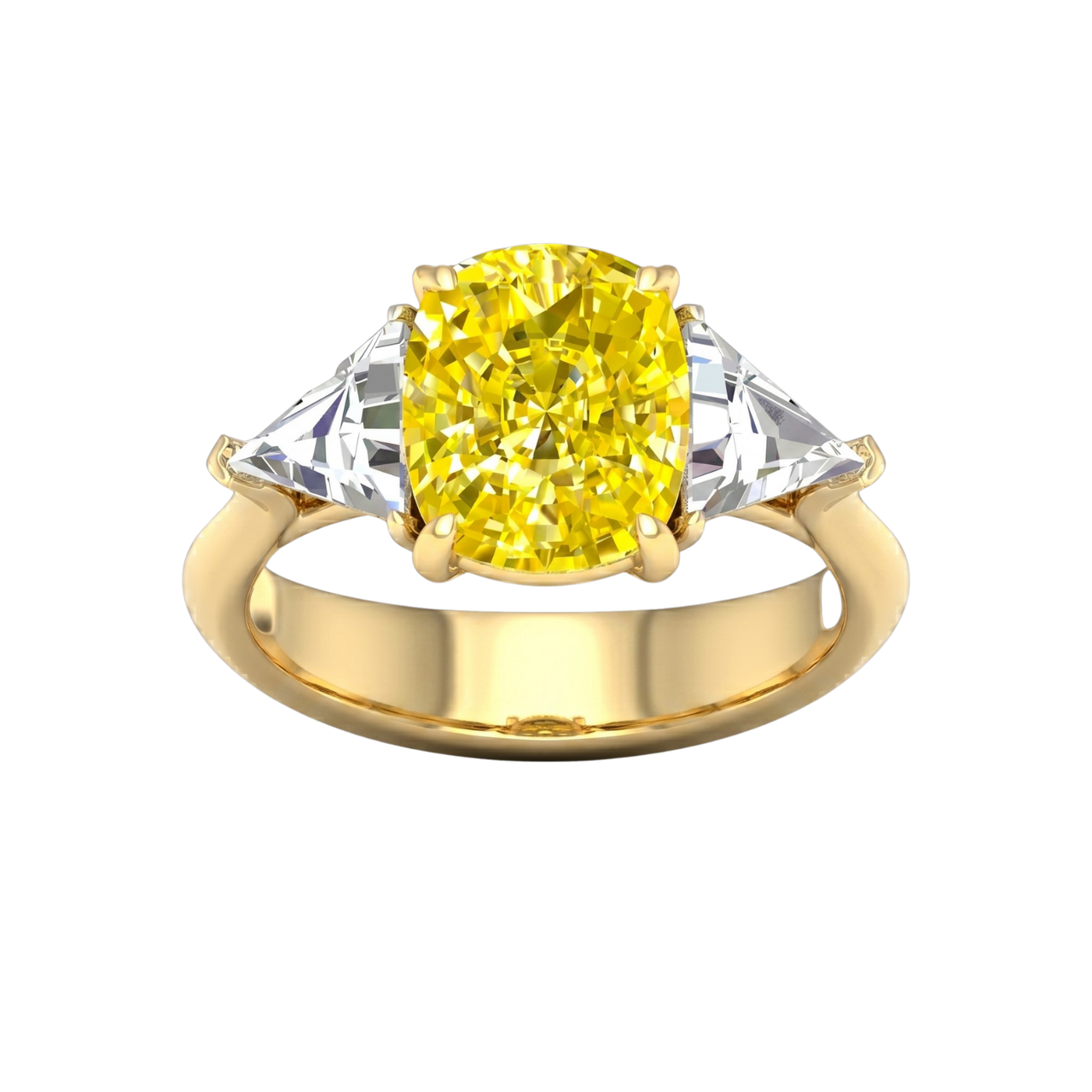 Top view of IGI Certified 4.0ct  VS+ Vivid Canary Yellow center lab grown diamond and .66 cttw of VS+ E-F diamond triangle side stones in a full yellow gold setting.