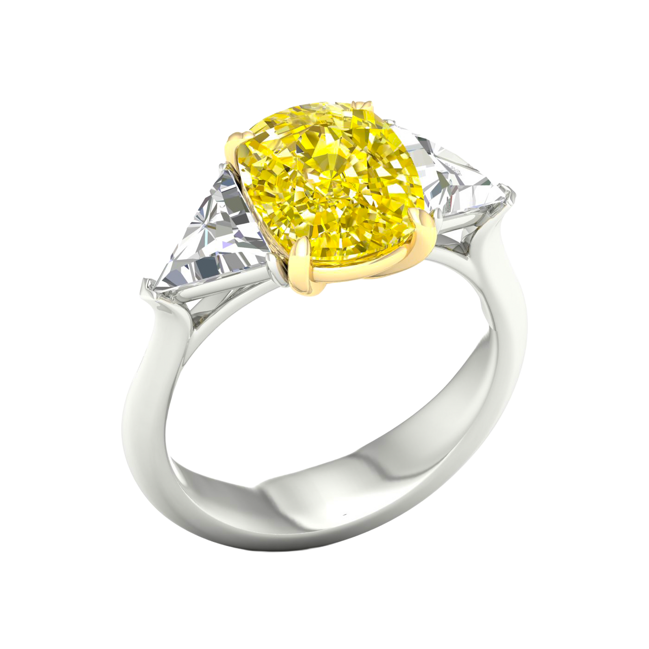 Angled view of an IGI Certified 4.0ct  VS+ Vivid Canary Yellow lab grown diamond center and .66 cttw of VS+ E-F diamond triangle side stones.