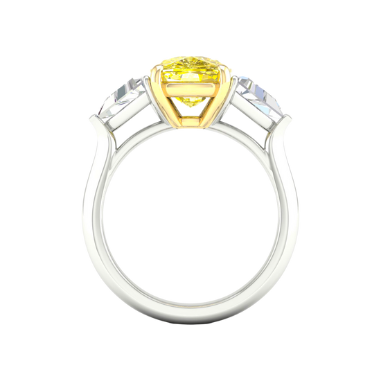 Close-up of the side view of the masterfully crafted 4.0ct IGI Certified VS+ Vivid Canary Yellow center lab grown diamond, highlighting the crushed-ice brilliance and VS+ clarity of both the center stone and the 0.66 cttw VS+ E-F side stones set in a pure 14 KT yellow and white gold setting that will hold these stones for a legacy heirloom piece.