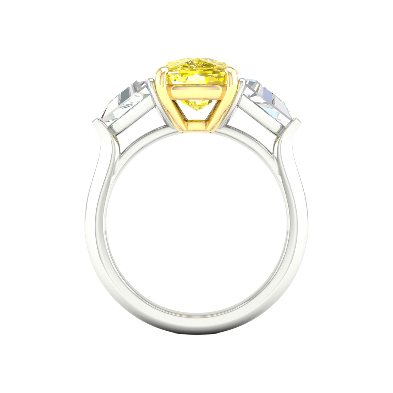 Close-up of the side view of the masterfully crafted 4.0ct IGI Certified VS+ Vivid Canary Yellow center lab grown diamond, highlighting the crushed-ice brilliance and VS+ clarity of both the center stone and the 0.66 cttw VS+ E-F side stones set in a pure 14 KT yellow and white gold setting that will hold these stones for a legacy heirloom piece.