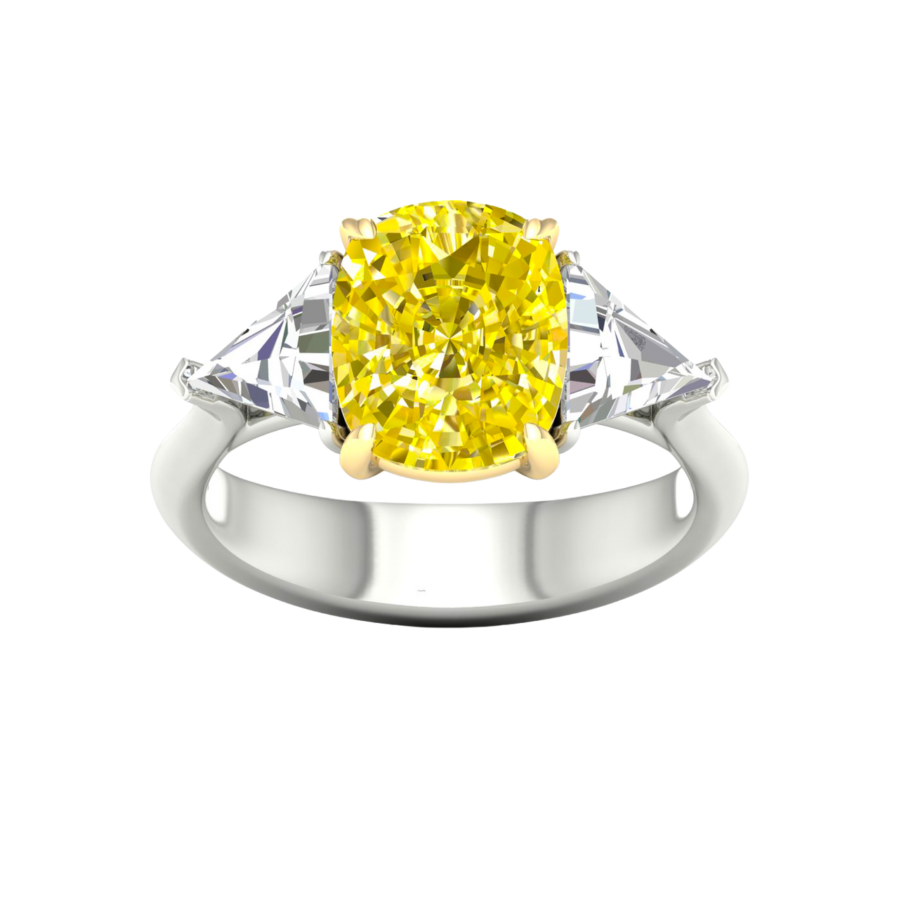 Top view of IGI Certified 4.0ct  VS+ Vivid Canary Yellow center lab grown diamond and .66 cttw of VS+ E-F diamond triangle side stones in a white and yellow gold setting.