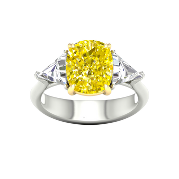 Top view of IGI Certified 4.0ct  VS+ Vivid Canary Yellow center lab grown diamond and .66 cttw of VS+ E-F diamond triangle side stones in a white and yellow gold setting.